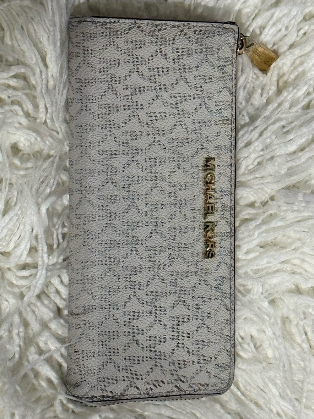Michael Kors Cream/Beige Logo Zip Wallet with Gold Hardware